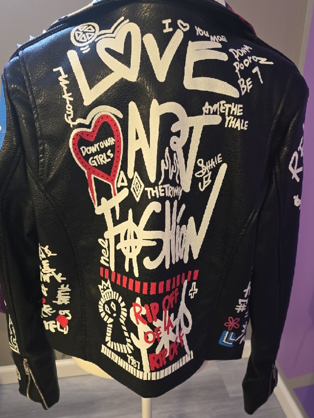 Painted Black Leather Biker Jacket with Multicolor Graffiti Accents - Picture 5 of 14